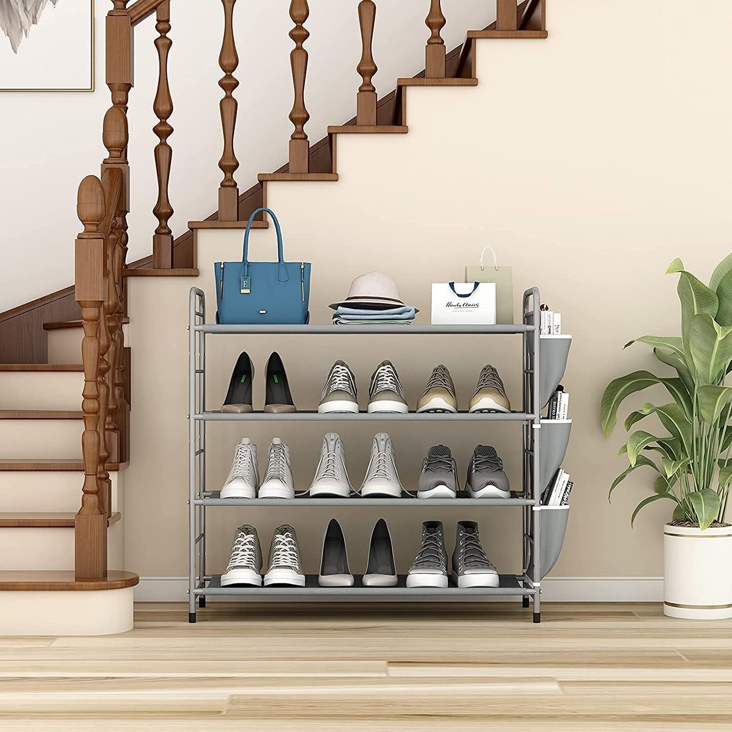 Free Standing 4 Tier Grey Metal Shoe Shelf Compact Shoe Organizer with Side Bag for Entryway Closet Bedroom