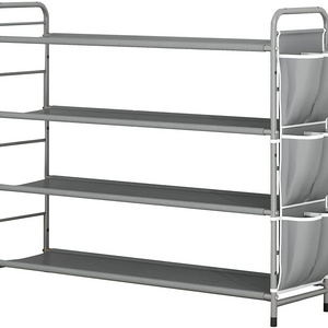 Free Standing 4 Tier Grey Metal Shoe Shelf Compact Shoe Organizer with Side Bag for Entryway Closet Bedroom