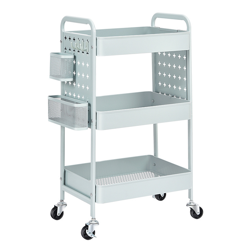 Household Organizer Trolley 3 Tier Utility Storage Cart Rolling Kitchen Storage Rack With DIY Pegboard