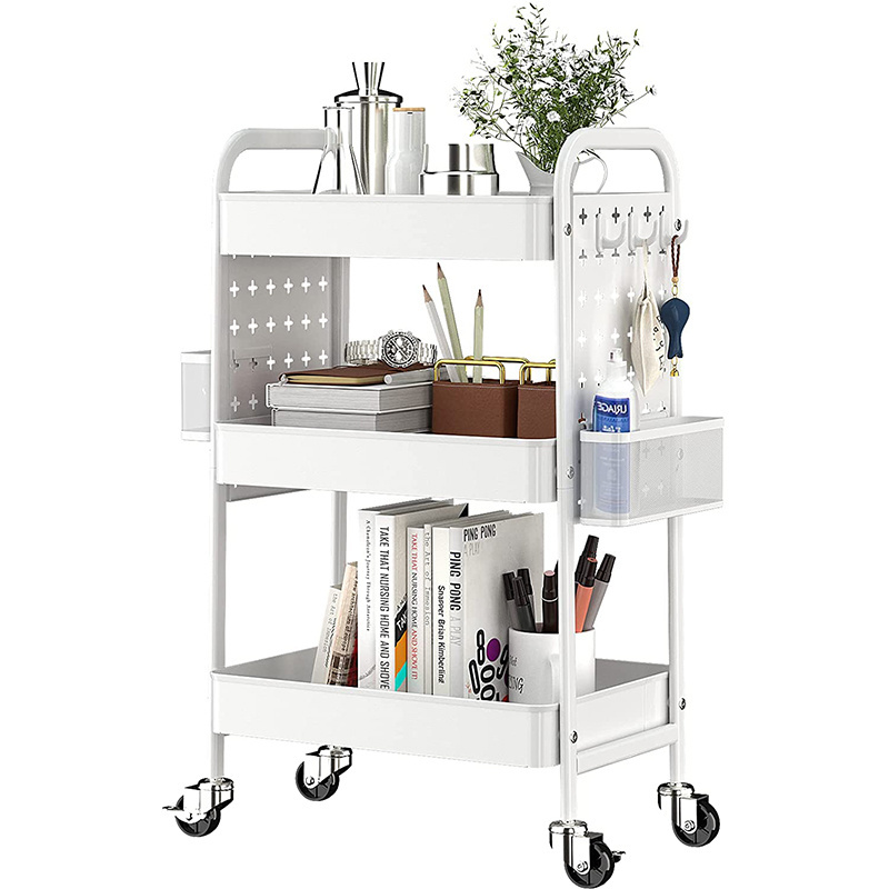 Household Organizer Trolley 3 Tier Utility Storage Cart Rolling Kitchen Storage Rack With DIY Pegboard