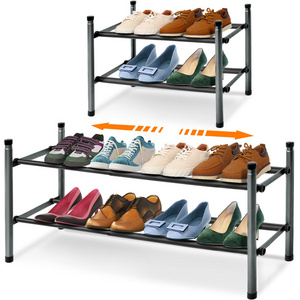 Bedroom Entryway 2-Tier Expandable Adjustable Shoe Rack Stand Organizer Metal Shoe Storage Organizer Shoe Rack