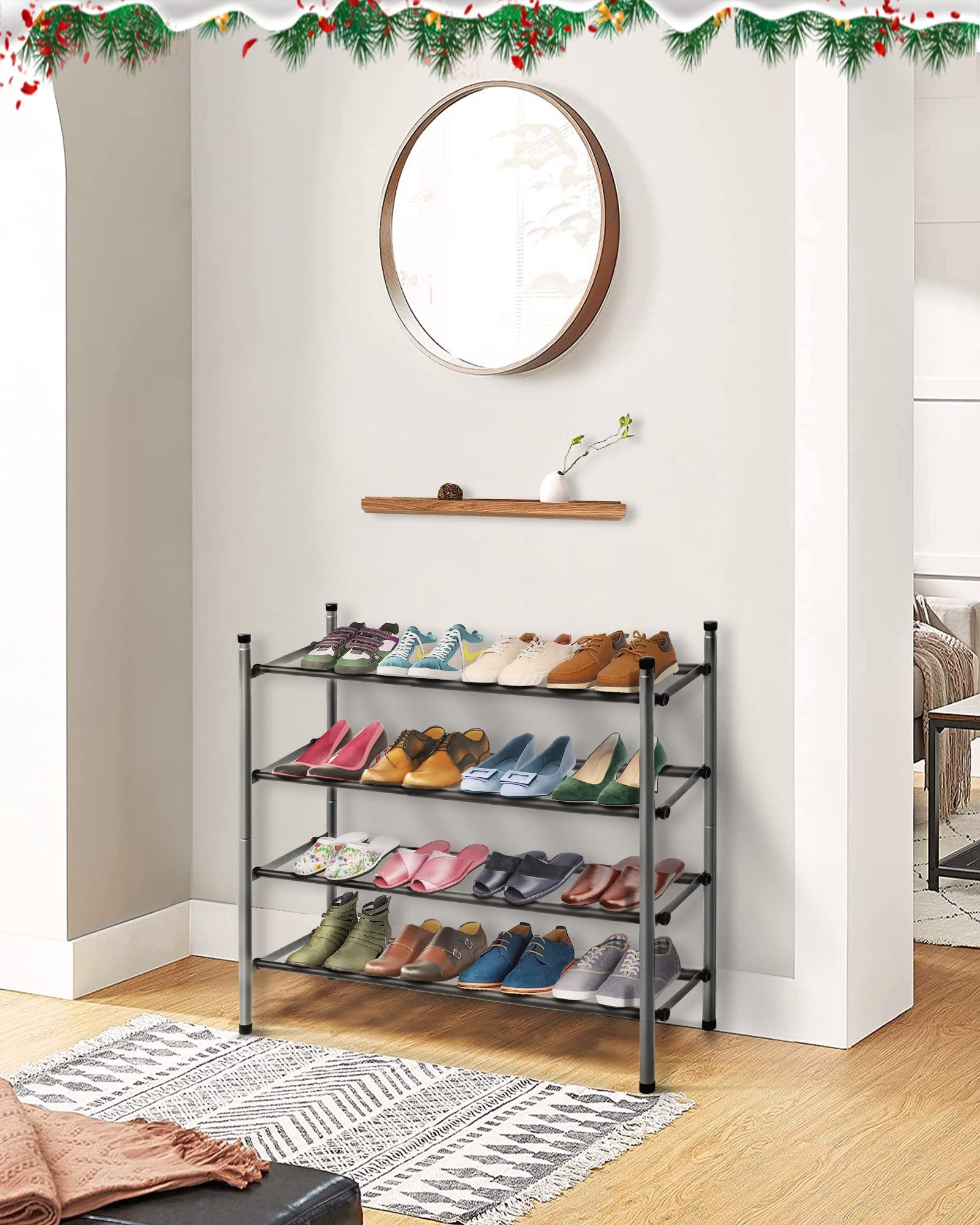 Bedroom Entryway 2-Tier Expandable Adjustable Shoe Rack Stand Organizer Metal Shoe Storage Organizer Shoe Rack