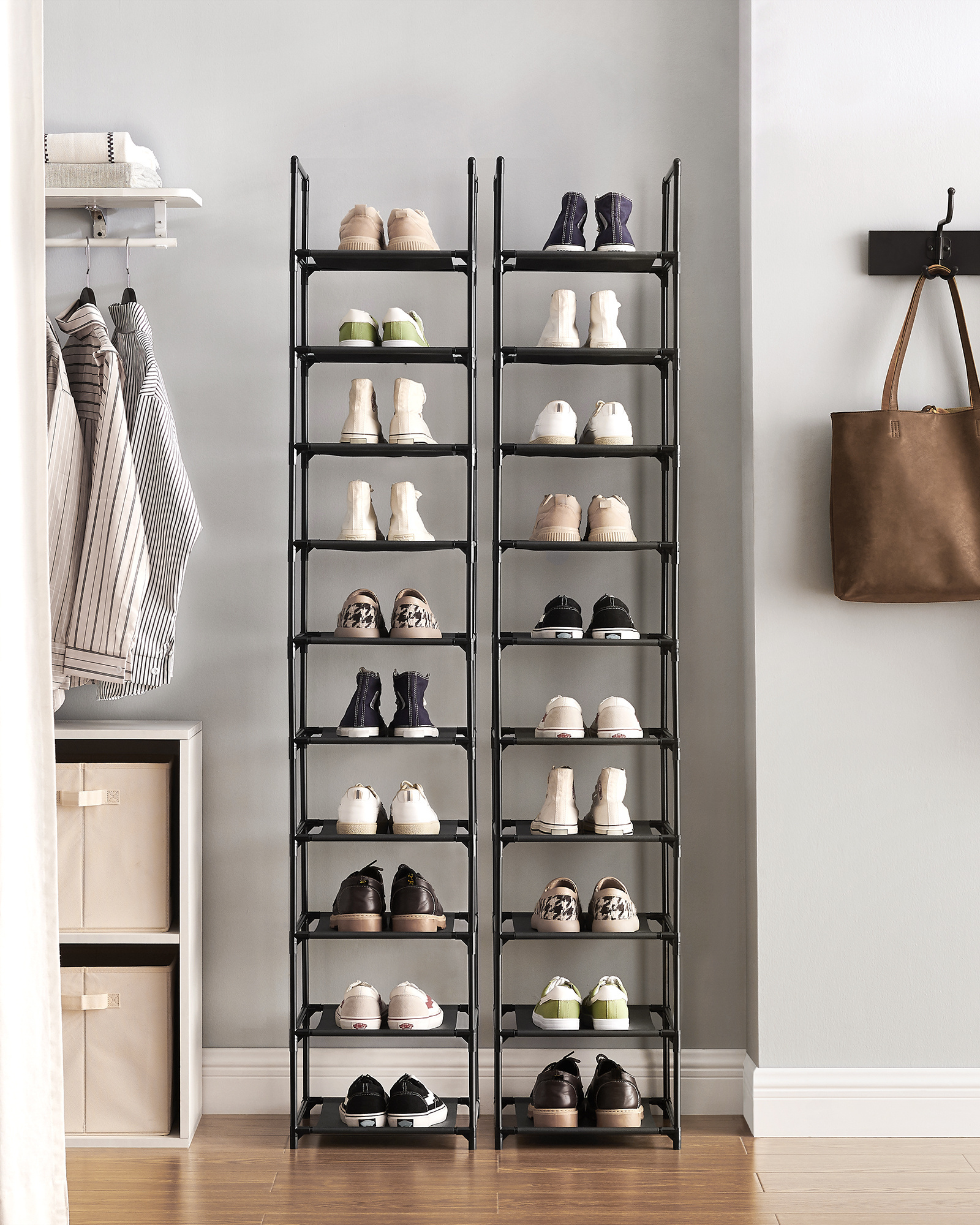 Large Shoe Tower Durable Black Metal Stackable Shoe Rack Cabinet 10 Tiers Tall Narrow Shoe Rack For Entryway