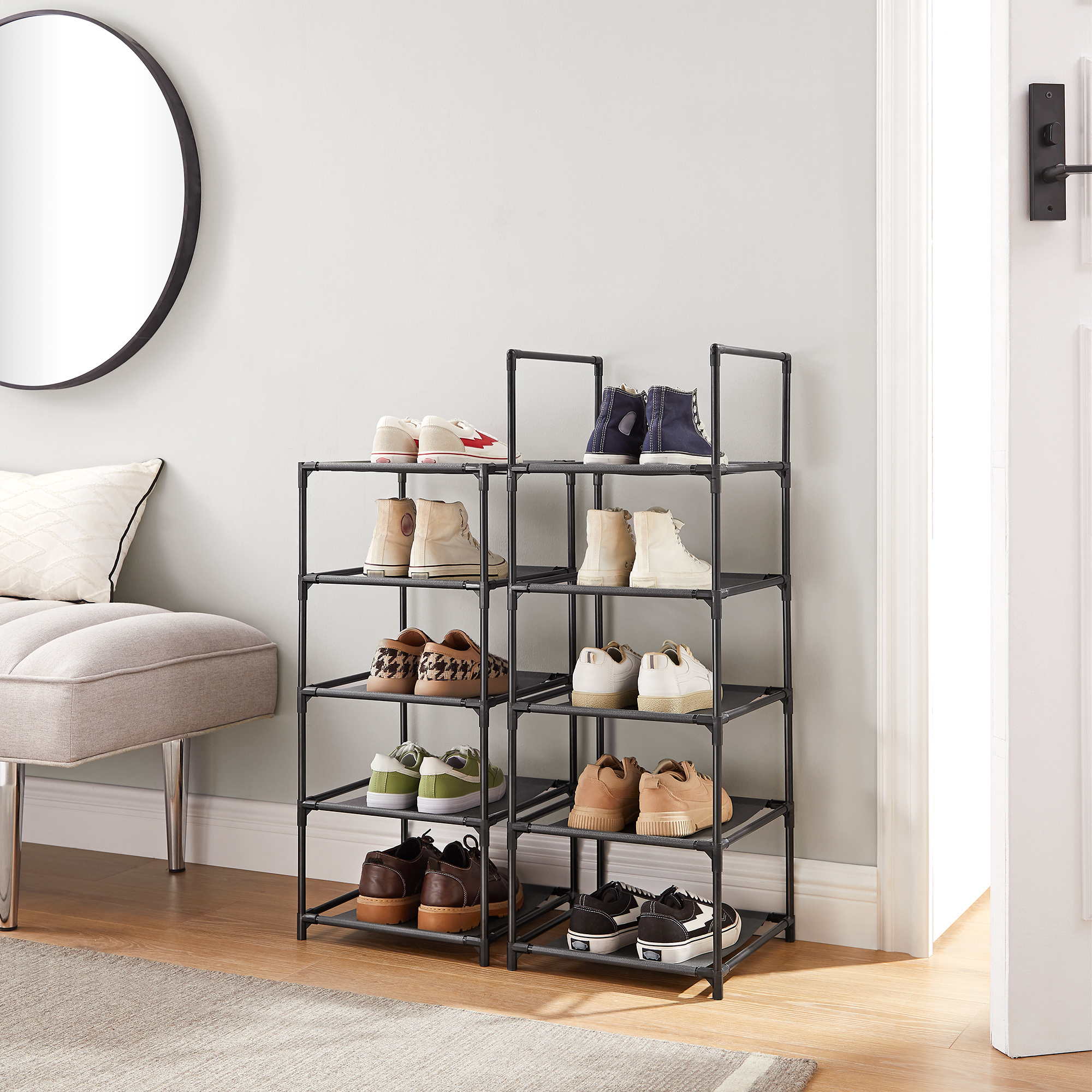 Large Shoe Tower Durable Black Metal Stackable Shoe Rack Cabinet 10 Tiers Tall Narrow Shoe Rack For Entryway