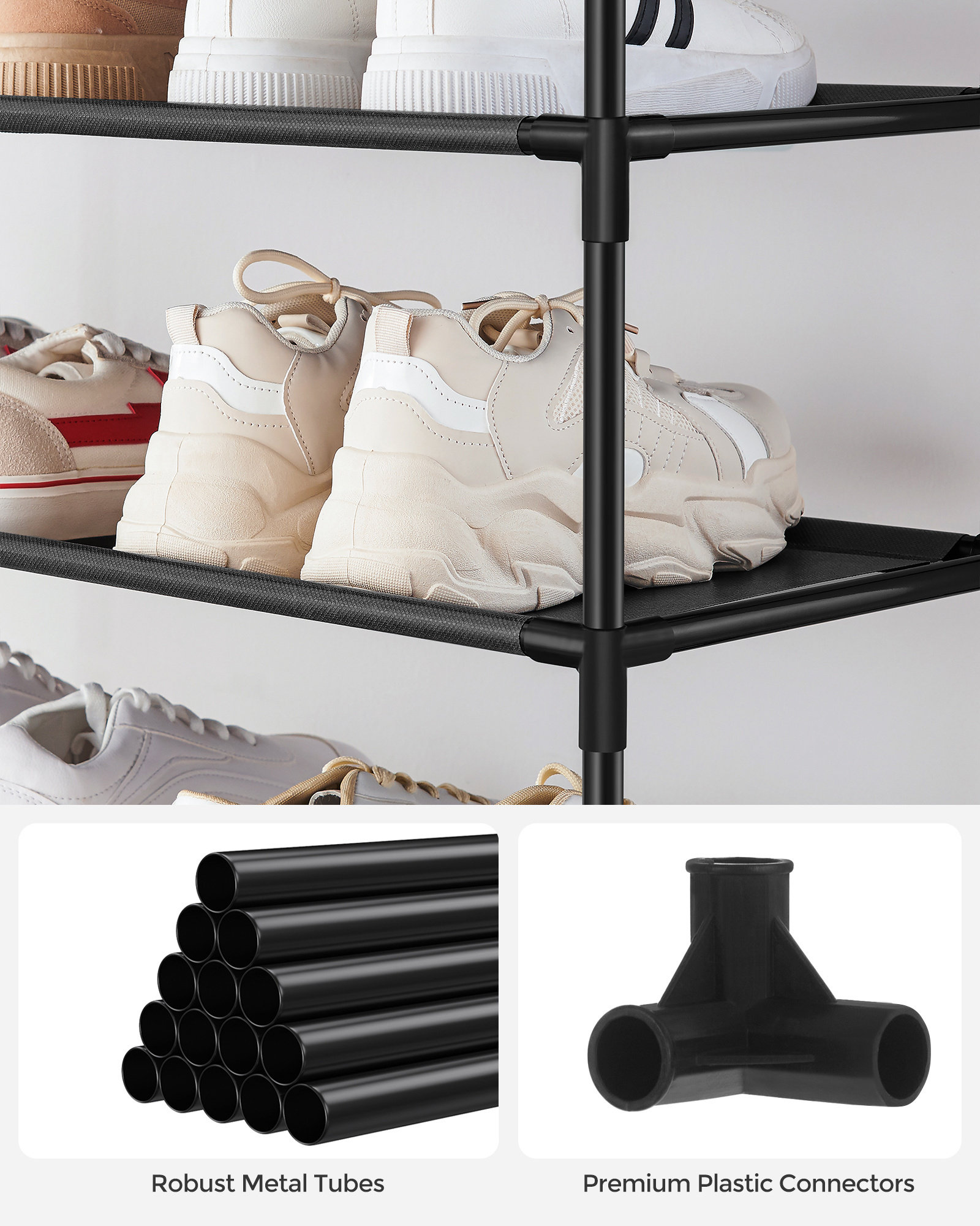 Large Shoe Tower Durable Black Metal Stackable Shoe Rack Cabinet 10 Tiers Tall Narrow Shoe Rack For Entryway