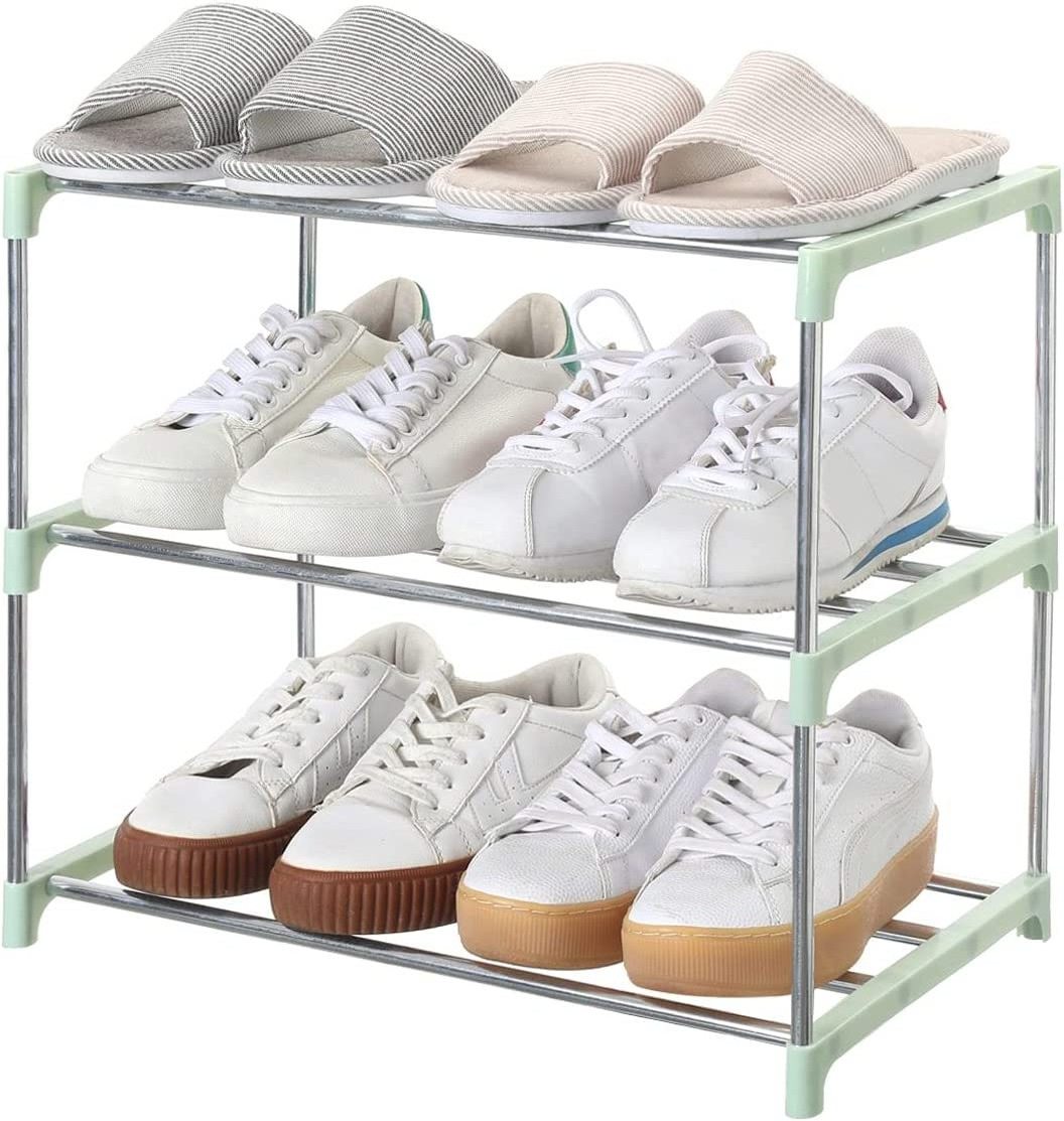 Saving Space Storage and Organization Stackable 3-Tier Green Metal Small Shoe Rack For Entryway Hallway and Closet