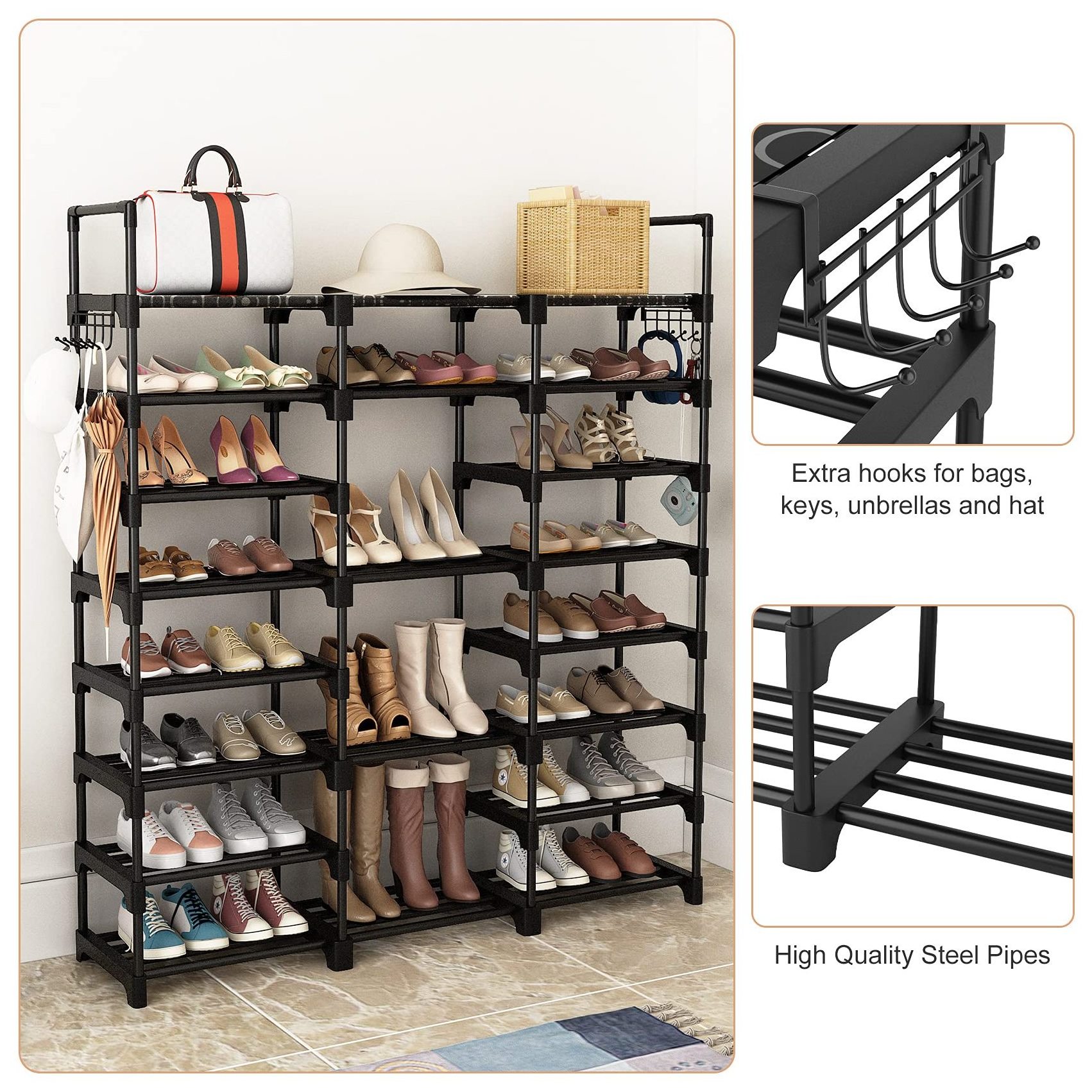 Multifunctional Free Standing Black Expandable Metal Shoe Racks Cabinet with Side Bag Hanger