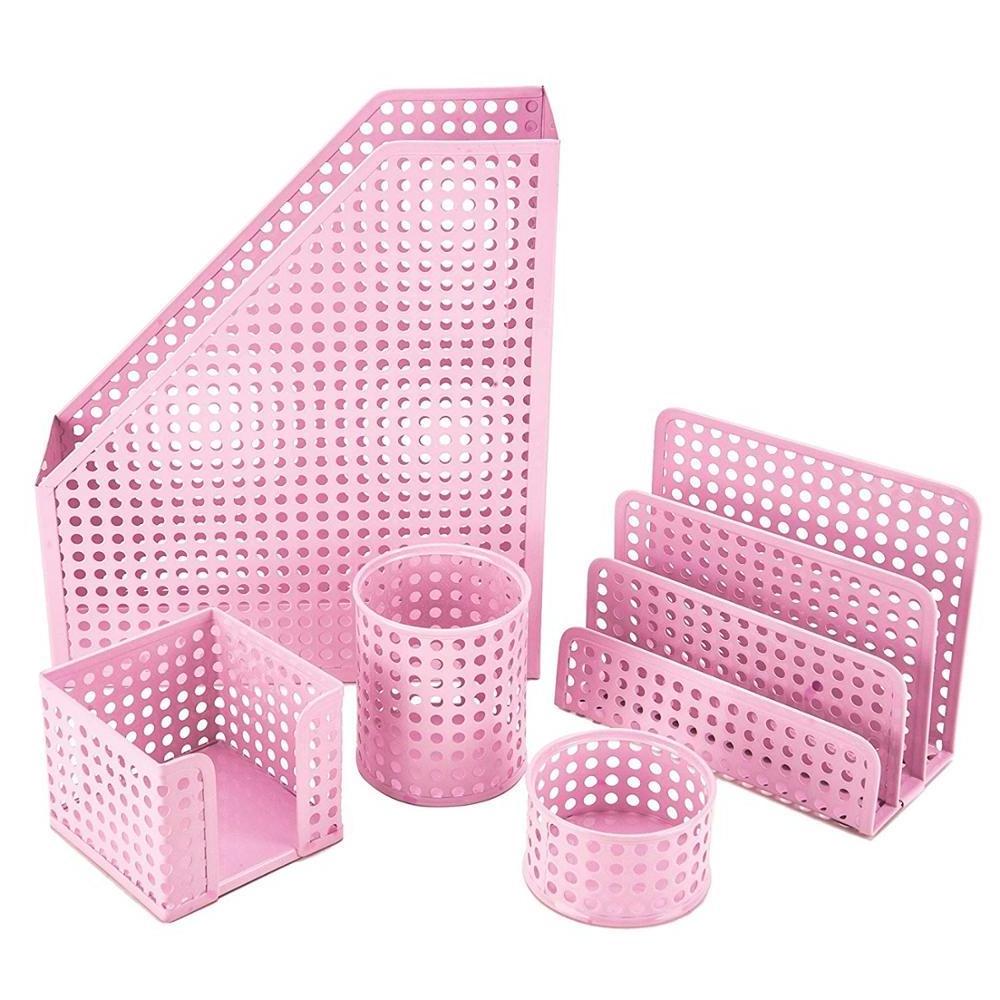 Office Supply Desk Accessories Pink 5 Piece Desk Organizer Set -Magazine Holder Letter Holder Pencil Cup Sticky note Holder