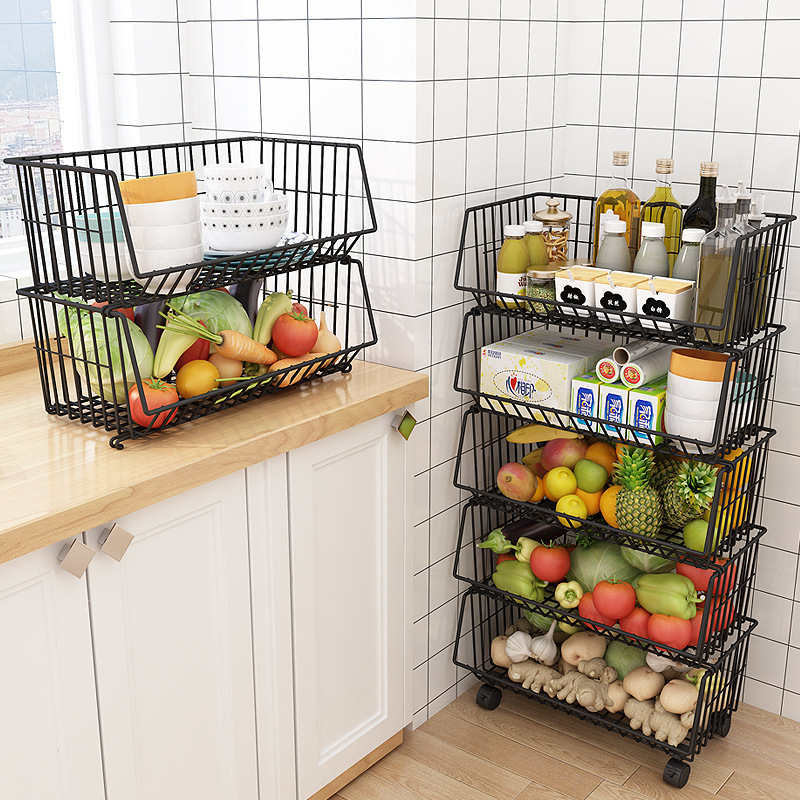 2 Tiers Baskets Kitchen Organizer rack Home Fruits vegetables Storage Rack Metal Rolling Trolley Cart with 4 wheels