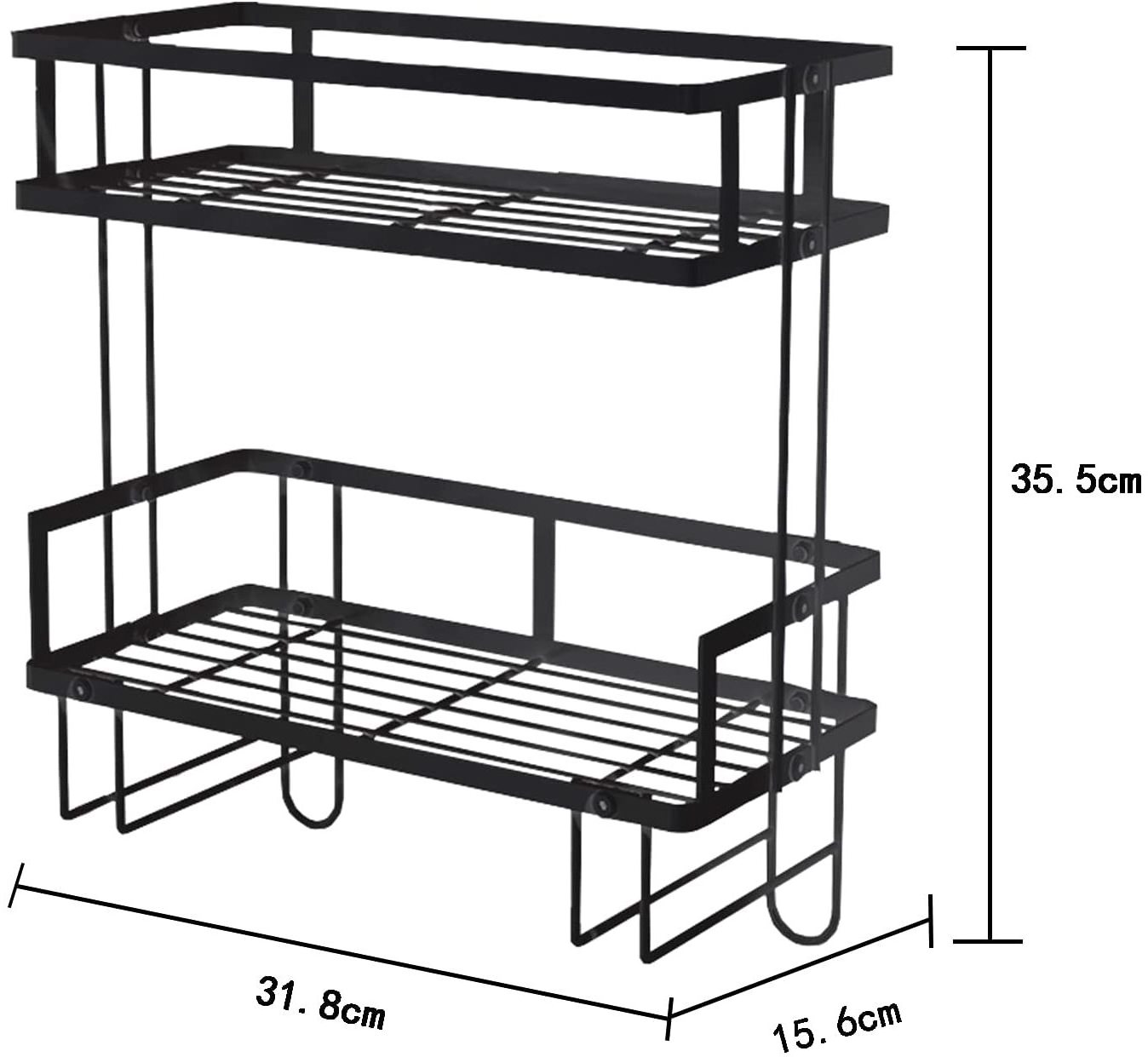 2-Tier Black Iron Bathroom Toilet Storage Organizer with Hanging Hook & Adhesive Base & Toilet Paper Holder