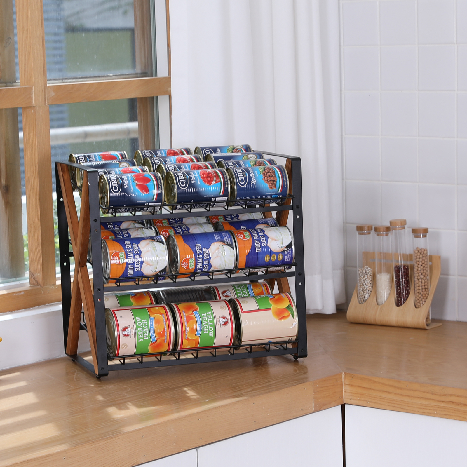 New Style Household Stackable Wood Metal Soda 3 Tier Collapsible Can Dispenser Storage Organizer Holder Rack