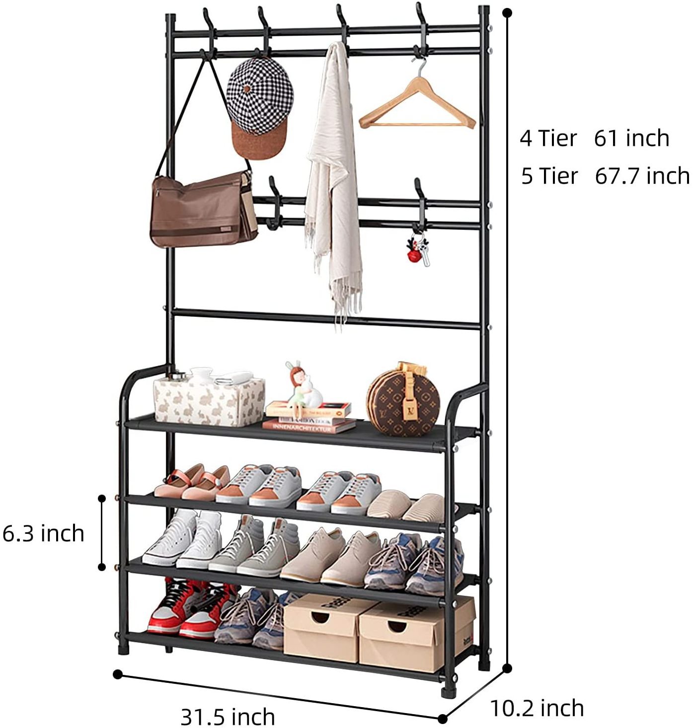 Closet Entryway 4 Tier Black Metal Shoe Rack Stand Organizer With Hat Clothes  Coat Bag Hanger Hook