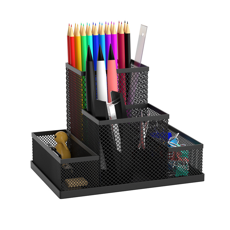 Wholesale Multifunction 4 Compartments Black Metal Mesh Desk Desktop Organizer Office Pen Pencil Holder