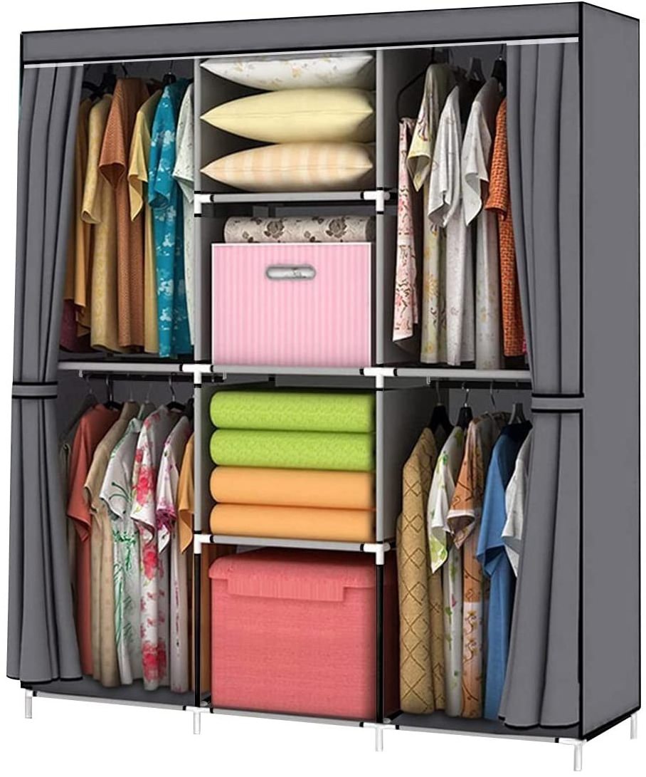 Free Standing Portable Grey Wardrobe Storage Closet Clothes Organizer