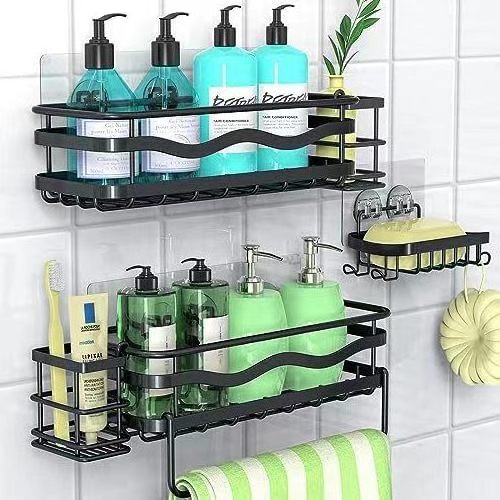 Rustproof No Drilling Strong Adhesive Bathroom Chrome Shower Caddy Shelf Organizer with Soap Holders Towel Rack