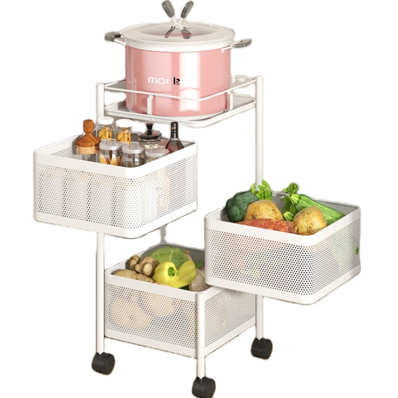 White 3 layer Square Kitchen Rotating Storage Shelf Rack Metal Trolley Household Storage Fruit Basket