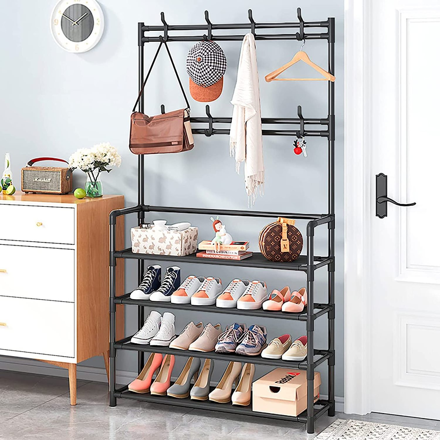 Closet Entryway 4 Tier Black Metal Shoe Rack Stand Organizer With Hat Clothes  Coat Bag Hanger Hook