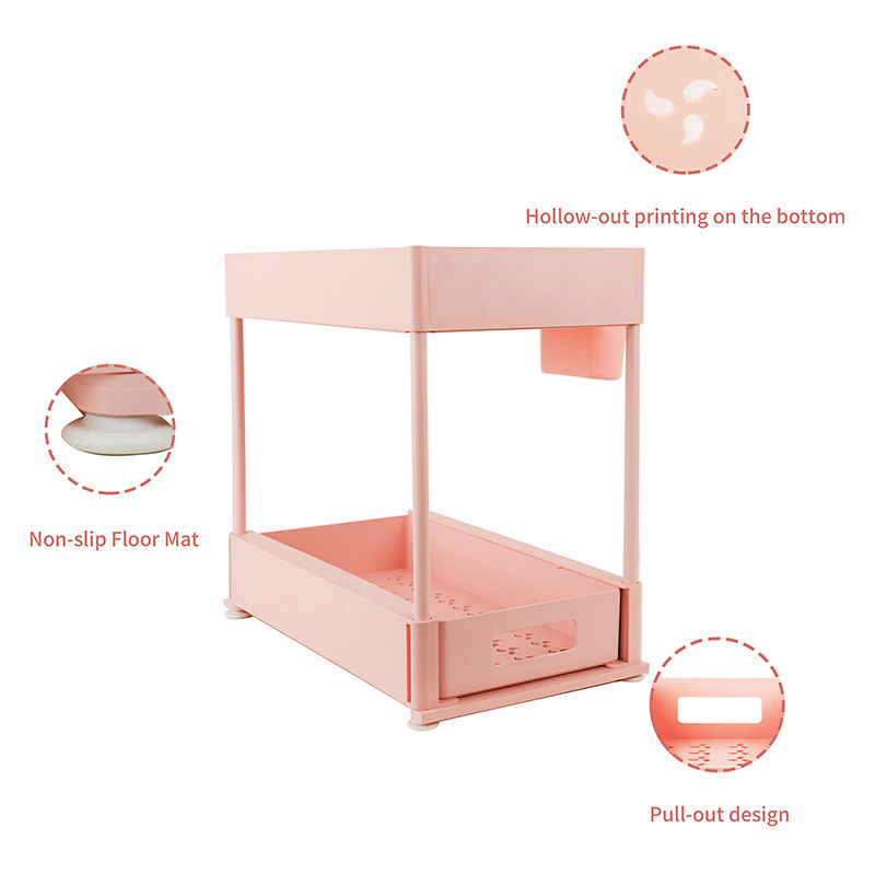 Bathroom Kitchen Cabinet 2 Tier Pink Plastic Under Sink Organizer and Storage with Cup & Hooks Cleaning Supplies Organizer