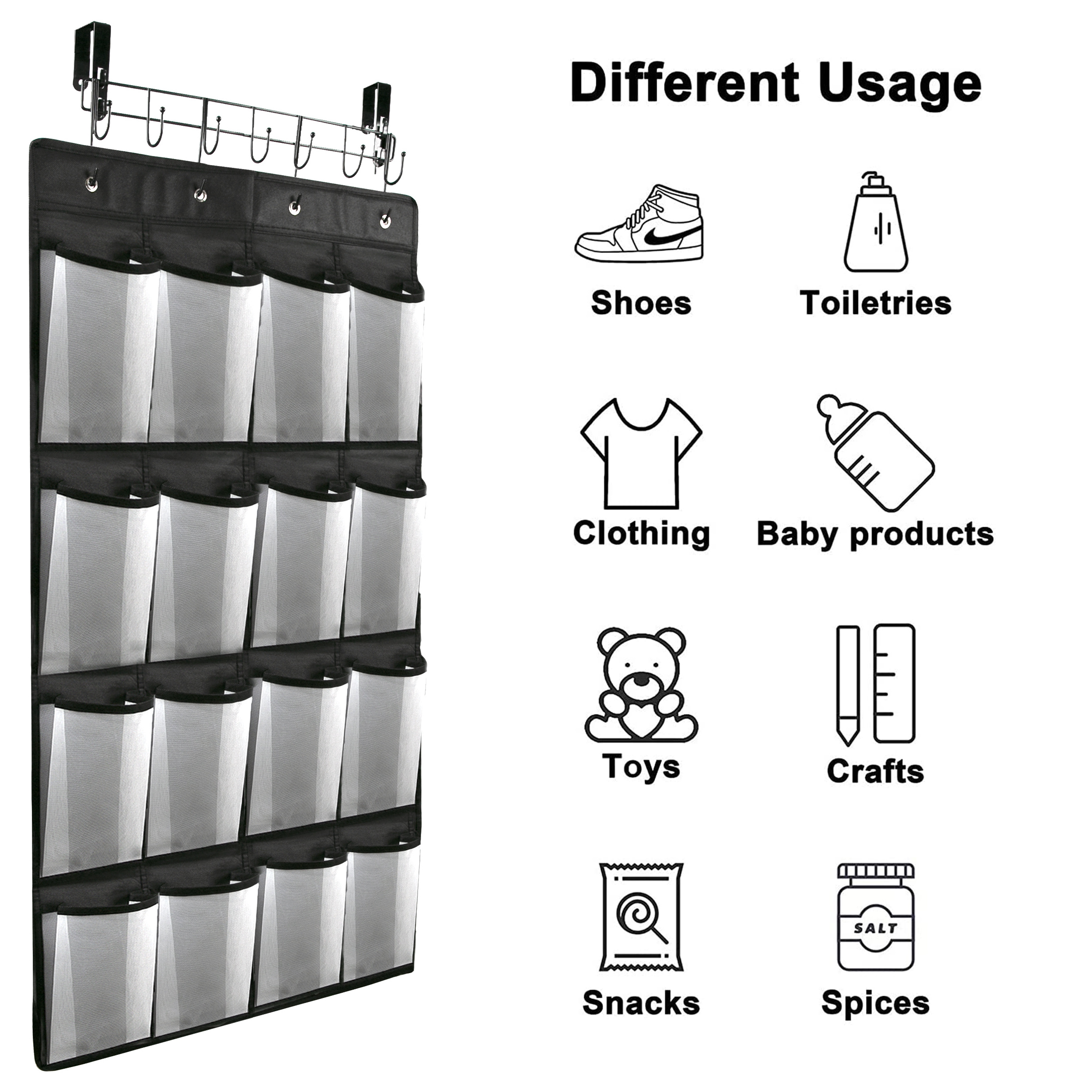 Over The Door Shoe Organizer with 16 Large Pockets and 7 Coat Hooks, Over The Door Hanging Shoe Organizer