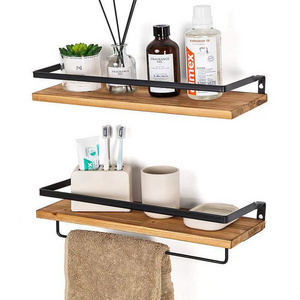 Torched Paulownia Wood Matte Black Metal Frame Rustic Floating Wall Shelves Towel Rack with Rails for Kitchen, Bathroom