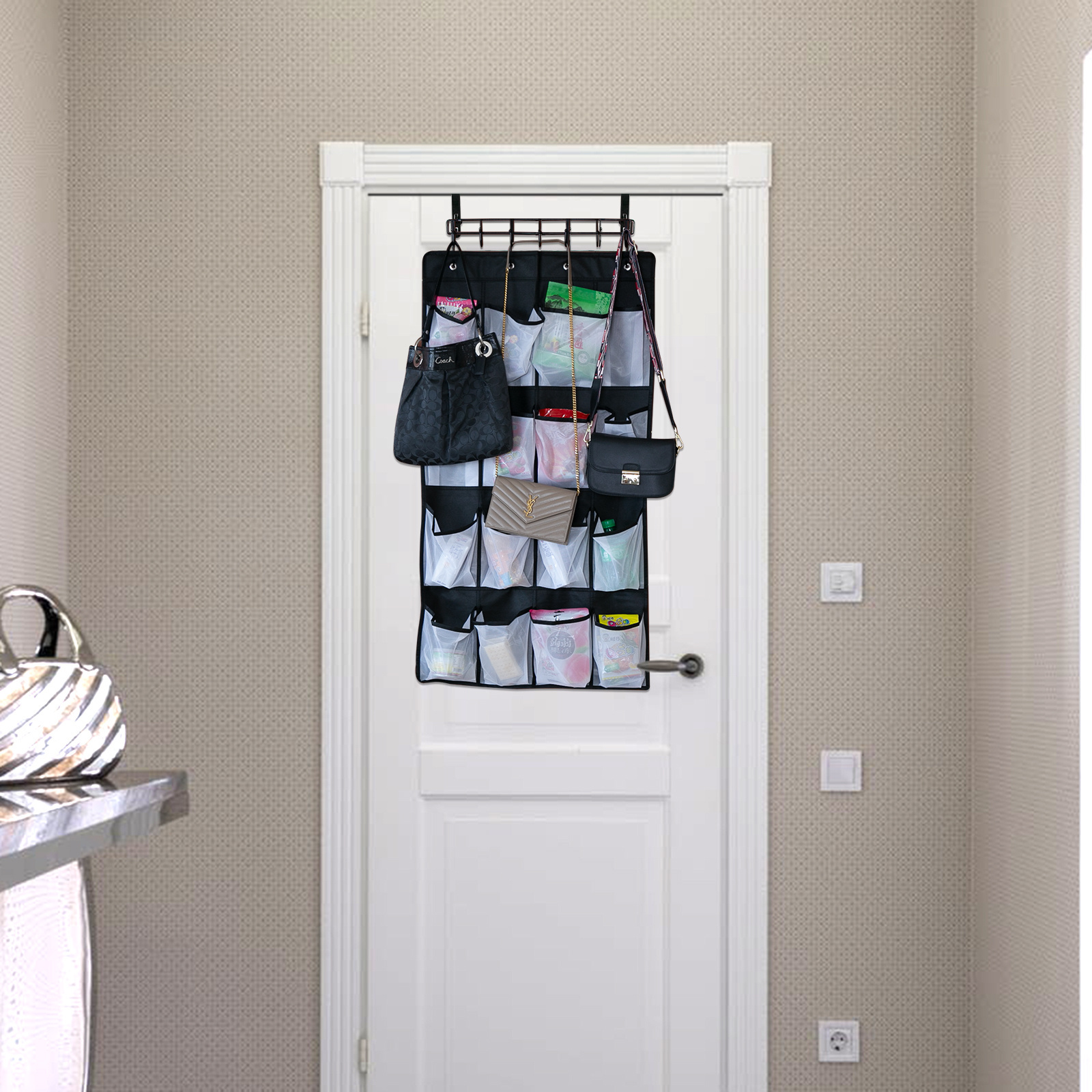 Over The Door Shoe Organizer with 16 Large Pockets and 7 Coat Hooks, Over The Door Hanging Shoe Organizer