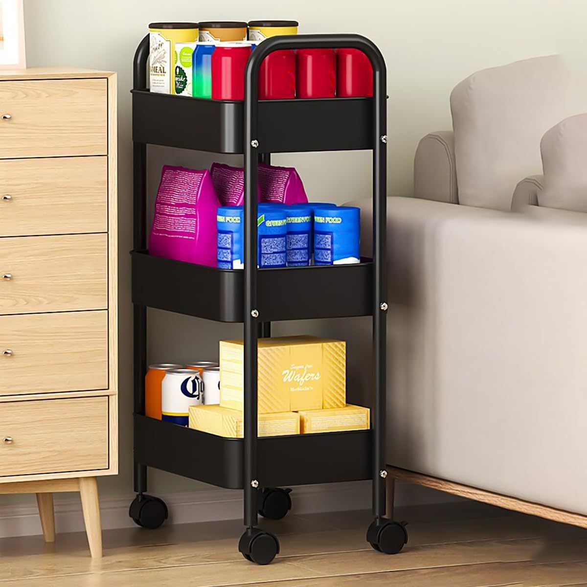 Multifunctional Storage Shelves 3-Tier Heavy Duty Metal Rolling Cart with wheel for Kitchen Office Bathroom Laundry Room