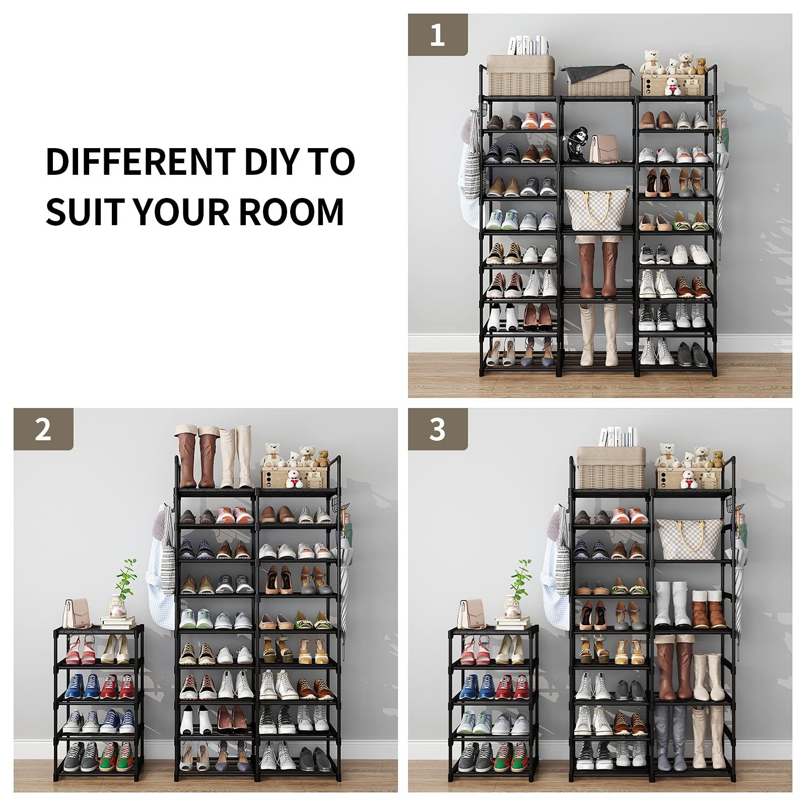 Multifunctional Free Standing Black Expandable Metal Shoe Racks Cabinet with Side Bag Hanger