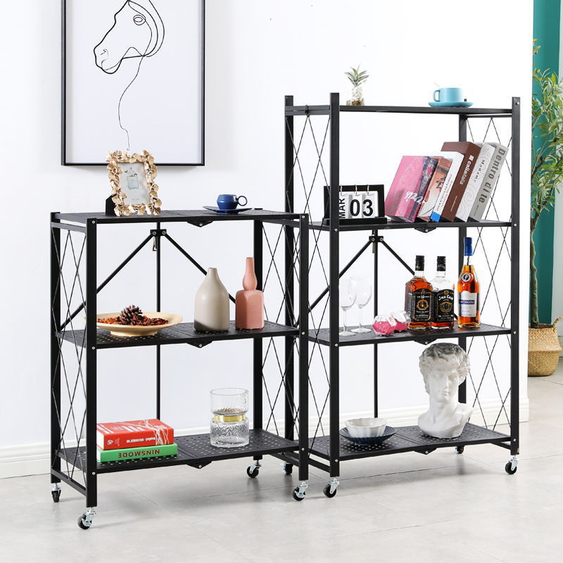 Hot selling 4- layer Household Metal Kitchen Storage Shelves Folding Storage Organizer Rack Shelf With Wheel