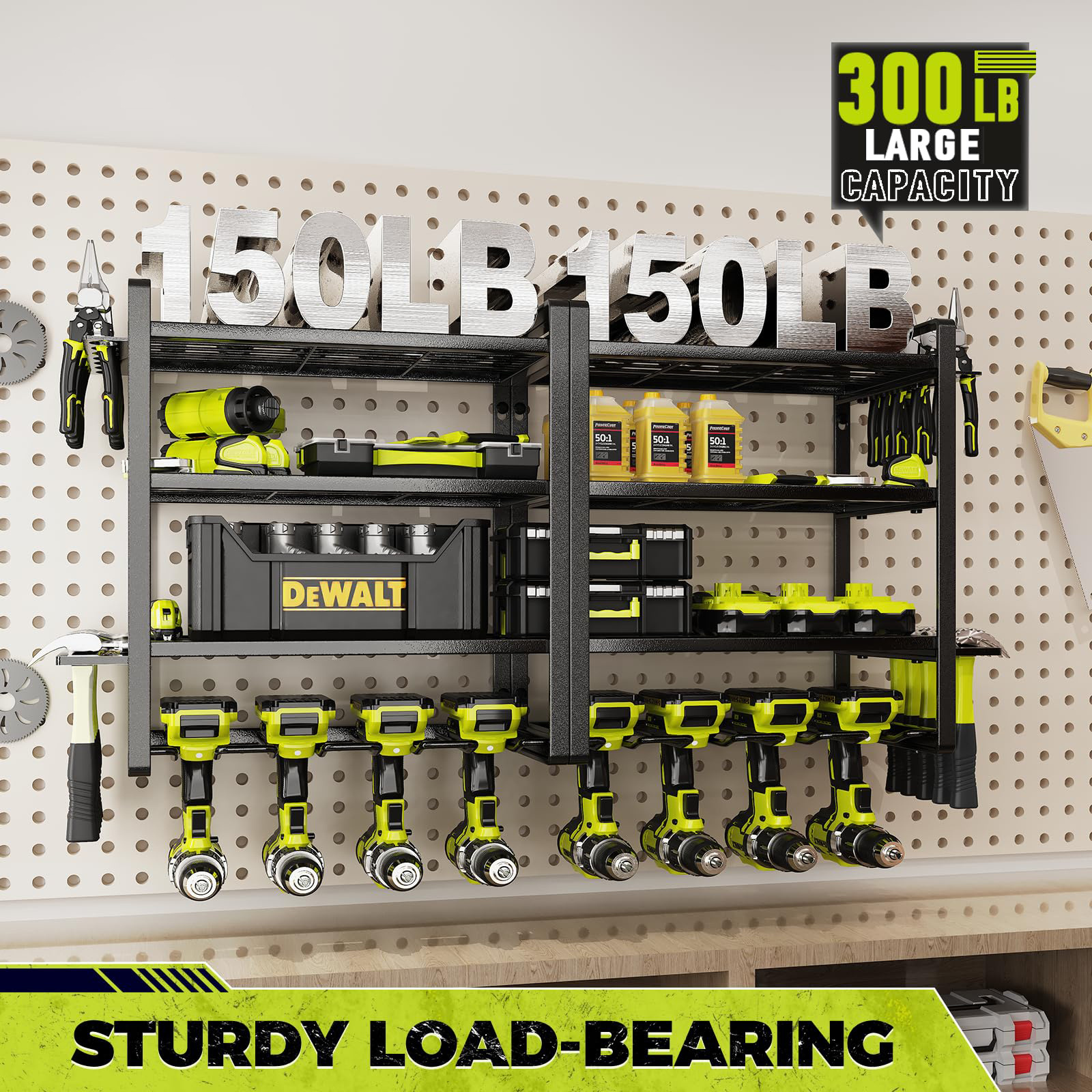 Power Tool Organizer 8 Drill Holder Wall Mount 4 Layers Garage Tool Organizers and Storage Rack