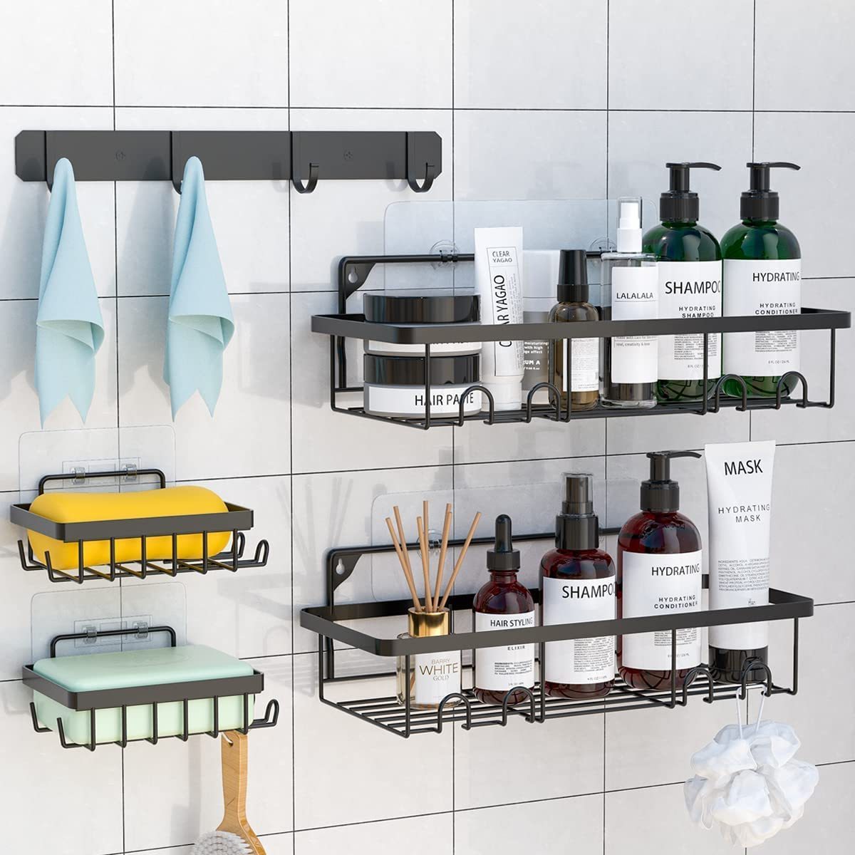 No Drilling Bathroom Organizer Shelves Storage Black 5-Pack Adhesive Wall Mounted Suction Cup Shower Caddy