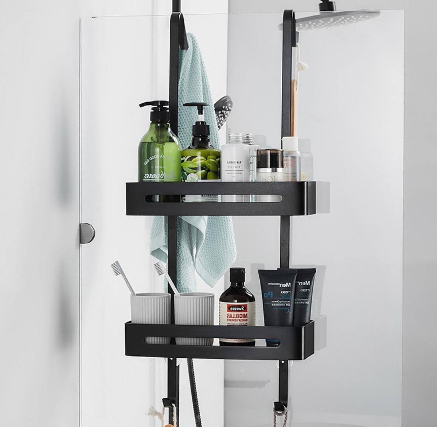 Shower rack Hanging black shower rack bathroom bathtub storage rack with hook and basket