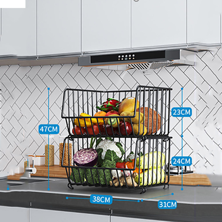 2 Tiers Baskets Kitchen Organizer rack Home Fruits vegetables Storage Rack Metal Rolling Trolley Cart with 4 wheels