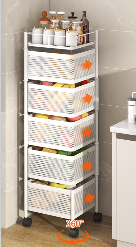 White 3 layer Square Kitchen Rotating Storage Shelf Rack Metal Trolley Household Storage Fruit Basket