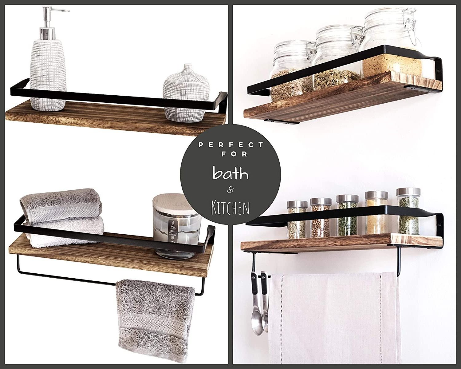 Torched Paulownia Wood Matte Black Metal Frame Rustic Floating Wall Shelves Towel Rack with Rails for Kitchen, Bathroom