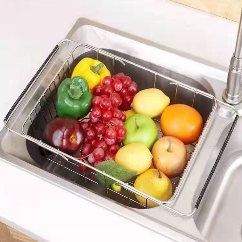 Fruit Dish Drainer Rack Stainless Steel Basket Adjustable Over the Sink Rustproof Storage Rack