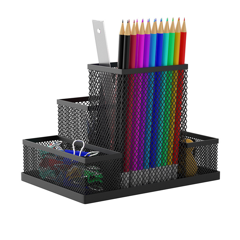 Wholesale Multifunction 4 Compartments Black Metal Mesh Desk Desktop Organizer Office Pen Pencil Holder