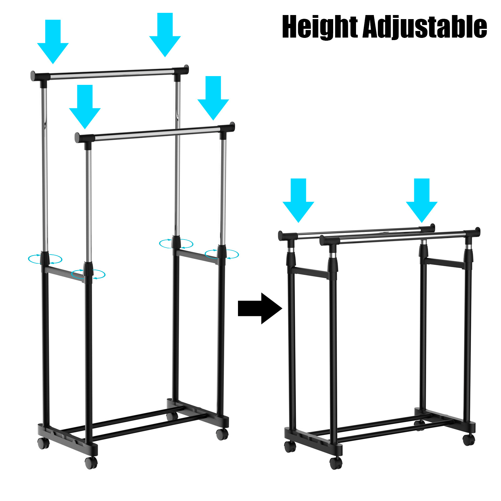 Floor Type 2 Tier Adjustable Height Clothes Hanger Coat Stand Metal Garment Rack Clothing Rack