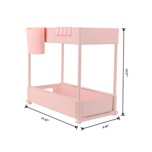 Bathroom Kitchen Cabinet 2 Tier Pink Plastic Under Sink Organizer and Storage with Cup & Hooks Cleaning Supplies Organizer