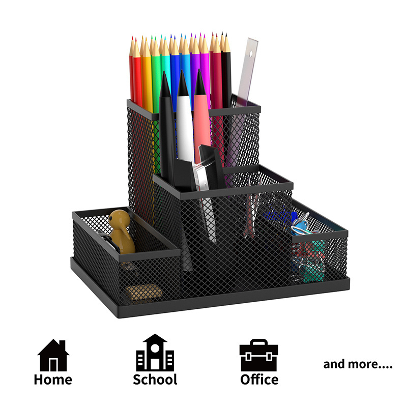 Wholesale Multifunction 4 Compartments Black Metal Mesh Desk Desktop Organizer Office Pen Pencil Holder