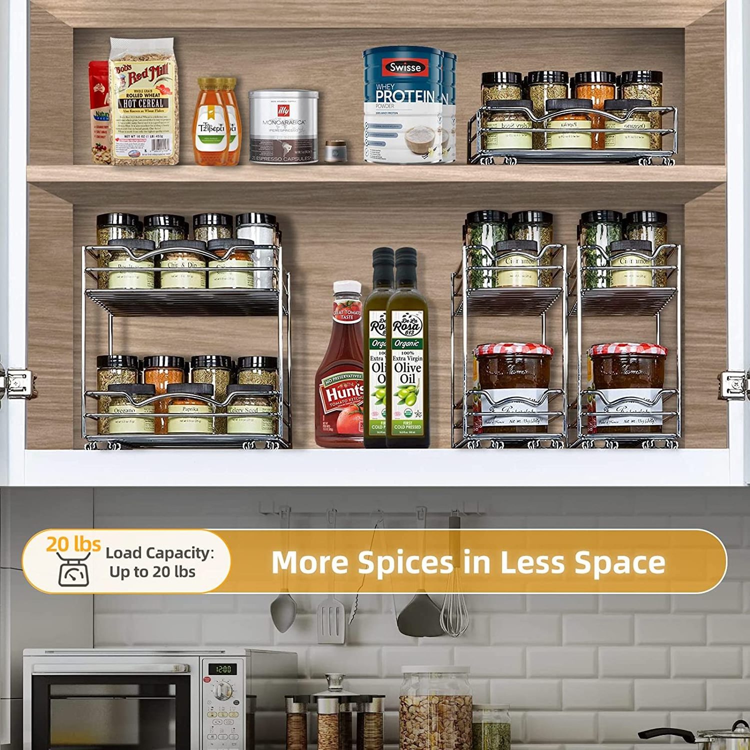 Kitchen 2 Tier Slide Out Seasoning Storage Rack Metal Sliding Spice Rack Organizer with Drawer Wholesale