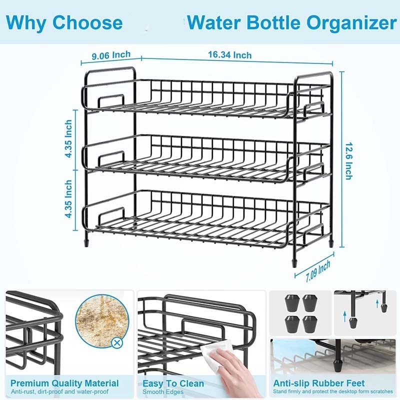 3-Tier Water Bottle Holder Stackable Water Bottle Storage Rack for Cabinet Kitchen Countertop Shelf