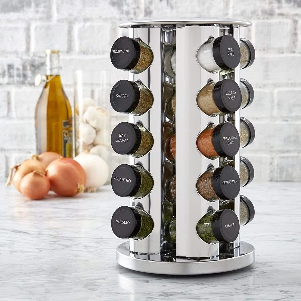 Silver Stainless Steel Revolving 20-Jar Countertop Rack Tower Organizer with Free Spice Refills