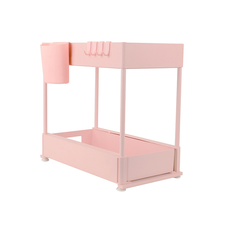 Bathroom Kitchen Cabinet 2 Tier Pink Plastic Under Sink Organizer and Storage with Cup & Hooks Cleaning Supplies Organizer