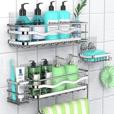 Rustproof No Drilling Strong Adhesive Bathroom Chrome Shower Caddy Shelf Organizer with Soap Holders Towel Rack