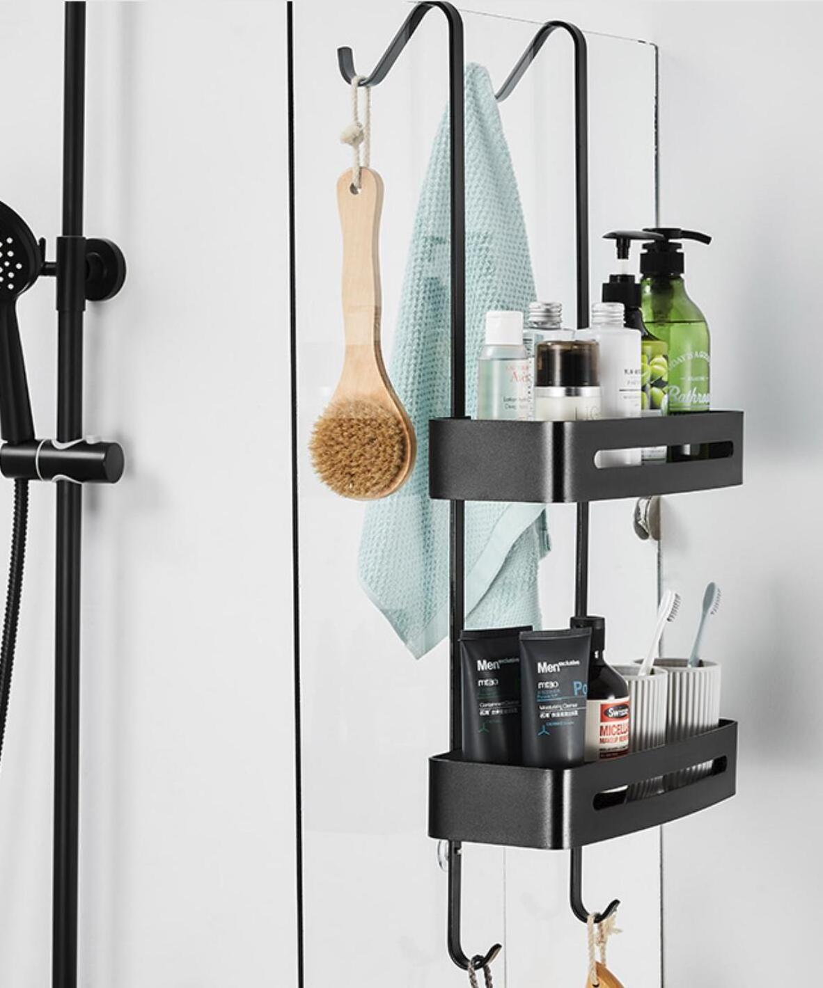 Shower rack Hanging black shower rack bathroom bathtub storage rack with hook and basket