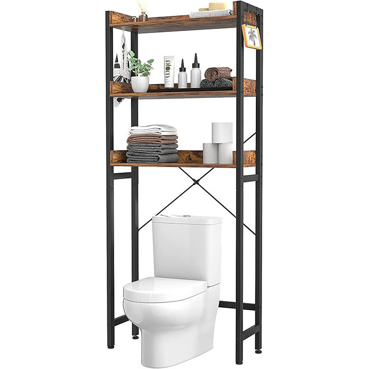 3-Tier Bathroom Organizer Shelf Stand with 4 Hook Freestanding Space Saver Metal Toilet Rack Shelf Bathroom Rack Storage