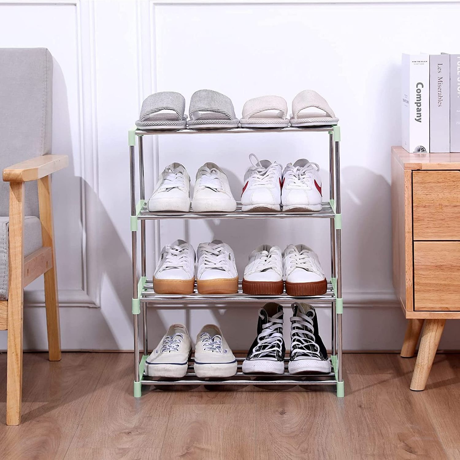 Saving Space Storage and Organization Stackable 3-Tier Green Metal Small Shoe Rack For Entryway Hallway and Closet