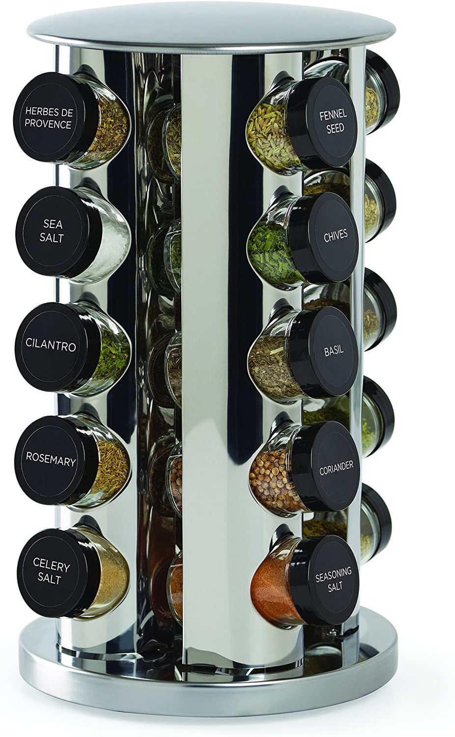 Silver Stainless Steel Revolving 20-Jar Countertop Rack Tower Organizer with Free Spice Refills