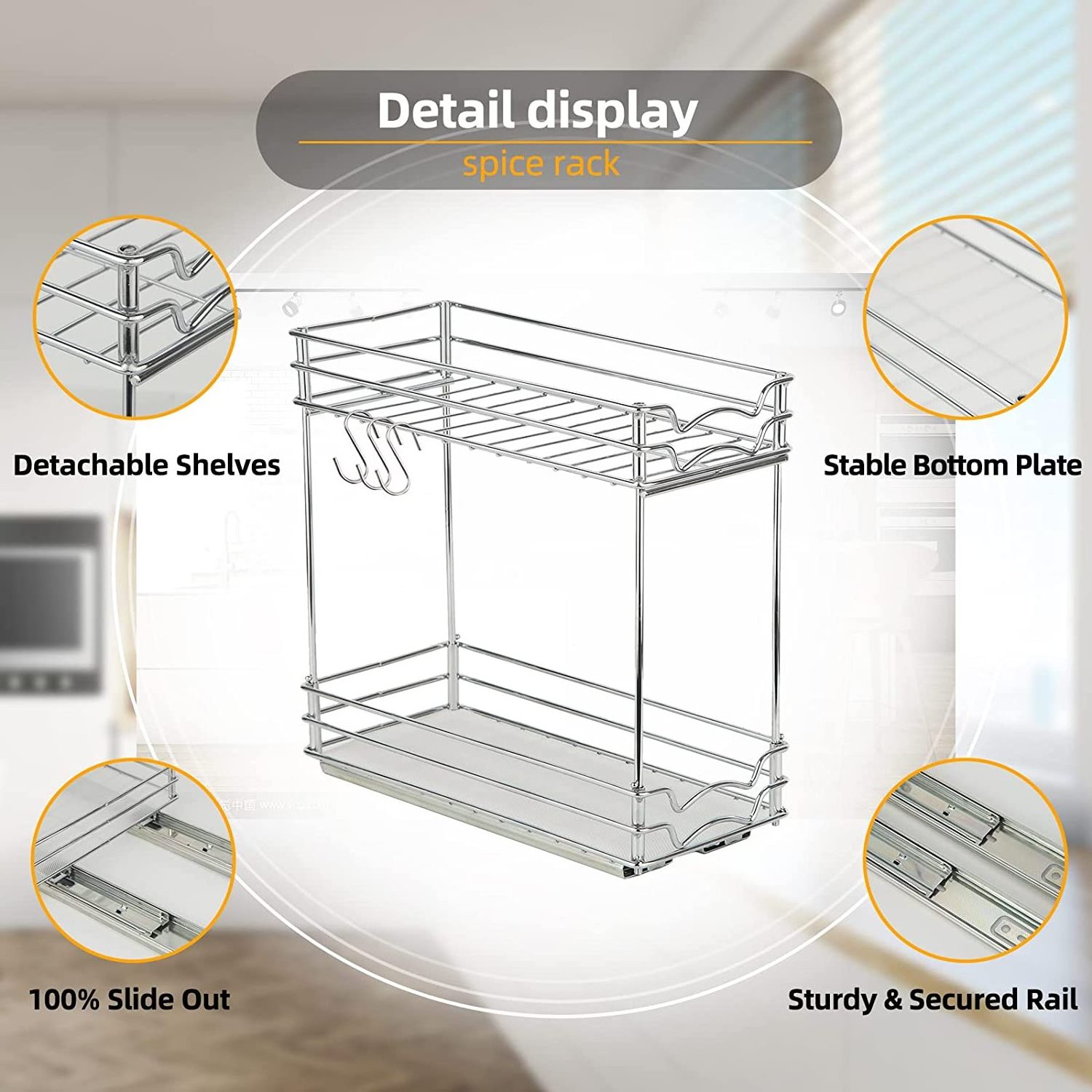 Kitchen 2 Tier Slide Out Seasoning Storage Rack Metal Sliding Spice Rack Organizer with Drawer Wholesale