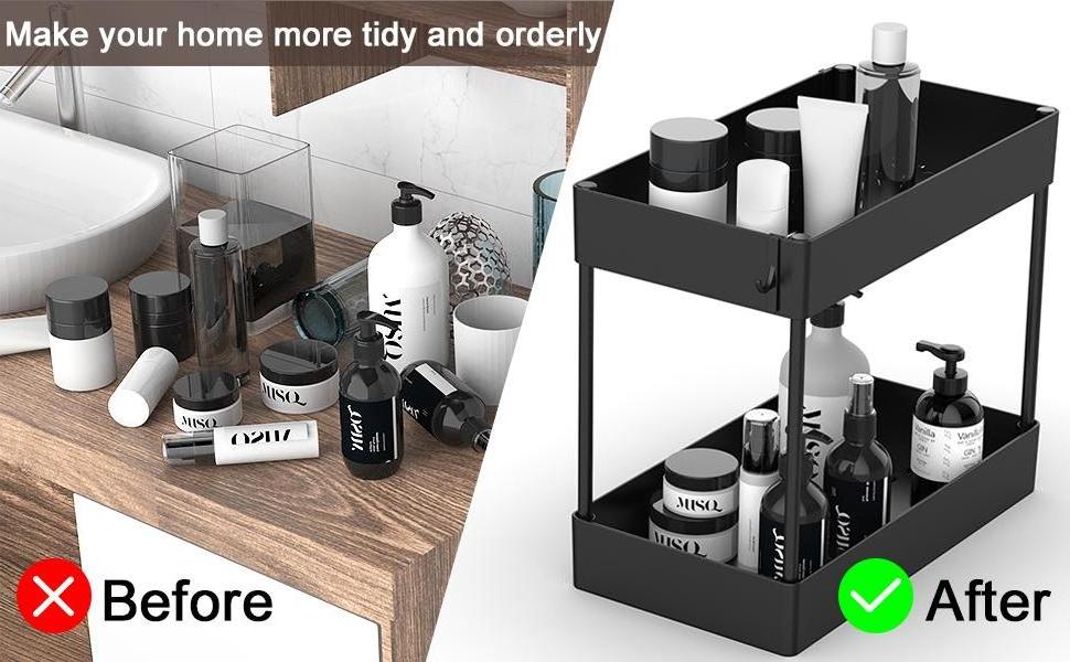 Under Bathroom Sink Storage 2 Tier Organizer Bath Collection Baskets White Under Sink Cabinet Organizer with Hooks